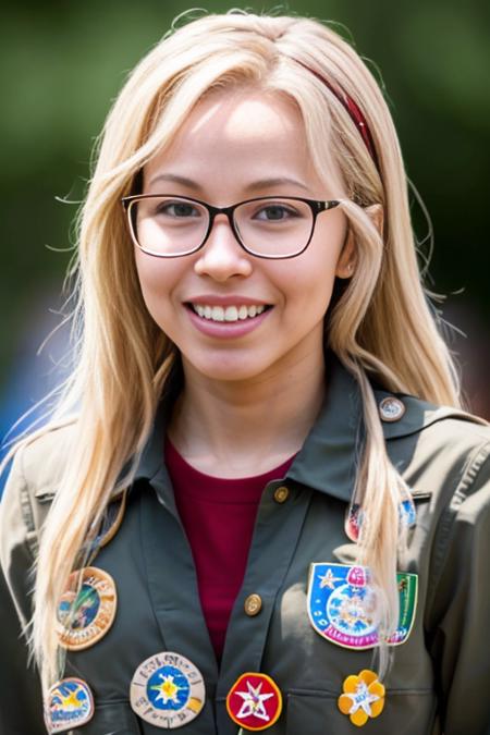 professional closeup portrait photo of attractive j0d14r1453 wearing glasses and smiling dressed as a girl scout