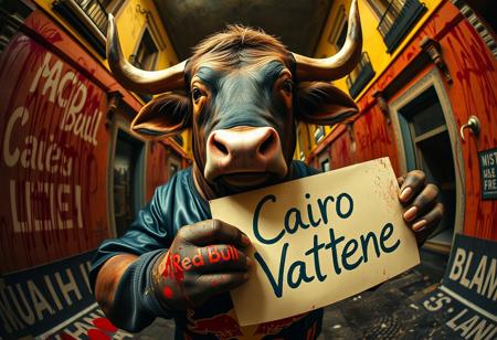 A whimsical, humanized bull, with a fairytale charm, holding a sign that says ‘Cairo Vattene’ in bold, handwritten text. The shot is captured with a Panavision Prime Cine Optics 12mm fisheye lens, exaggerating the bull’s presence in the center of the frame. The background is twisted and surreal, with sharp, contrasting colors and splatters of blood staining the surroundings, adding a gritty, Tarantino-esque vibe. The bull, exuding a dark, almost menacing aura, has blood splattered on its hands and face. A Red Bull logo is spray-painted onto its shirt, matching the chaotic energy of the scene.”