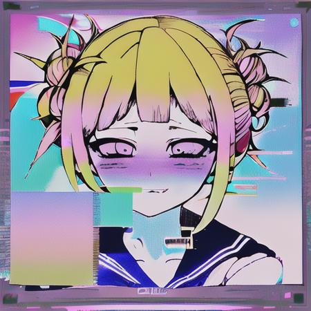 glitchcore, (abstract, glitched, artefact), collage, solo, portrait, colorful, rainbow, TogaHimiko, <lora:glitchcore-10_LORA:1.1>