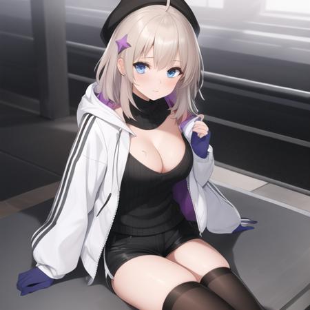 (masterpiece, best quality:1.2),illustration,8k,hd,1girl,solo,1girl,ahoge,bangs,black headwear,black legwear,black shorts,black sweater,blue eyes,cleavage,collarbone,detached collar,eyebrows visible through hair,grey hair,hair ornament,hat,hood down,hooded jacket,long hair,long sleeves,medium breasts,puffy long sleeves,puffy sleeves,purple gloves,ribbed sweater,short shorts,star hair ornament,thighhighs,turtleneck,turtleneck sweater,white jacket,<lora:AA-12>,