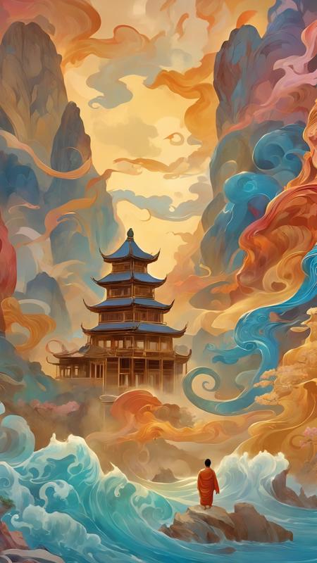 (masterpiece, top quality, best quality, official art, beautiful and aesthetic:1.2),colorful, abstract background,Buddha statue,realistic style with fantasy elements,detailed