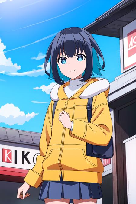 (extremely detailed CG unity 8k wallpaper),(masterpiece),(best quality),(ultra-detailed),(best illustration),(best shadow),(absurdres),  <lora:Akisato-20:0.7>,Konoha, 1girl, smile, solo, jacket, outdoors, looking at viewer, blue eyes, day, multicolored hair, short hair, blue hair, black hair, holding, sky, skirt, yellow jacket, cloud, two-tone hair, bangs, virtual youtuber, fur trim, bag, turtleneck, closed mouth, colored inner hair, long sleeves, blue sky, aqua hair