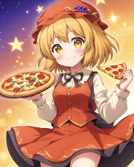 aki minoriko, eating, hair_ribbon, shirt, smile, holding_pizza, long_sleeves, skirt_set, ascot, vest, triangular_headpiece, blush, 1girl, sparkle, hat, solo, multiple_girls, pizza_slice, ^_^
<lora:aki_minoriko_image2428_2023-12-14:1>,star-shaped_pupils,symbol-shaped_pupils,. gorgeous,key visual, vibrant, studio anime,award-winning, professional, highly detailed,high budget, cinemascope