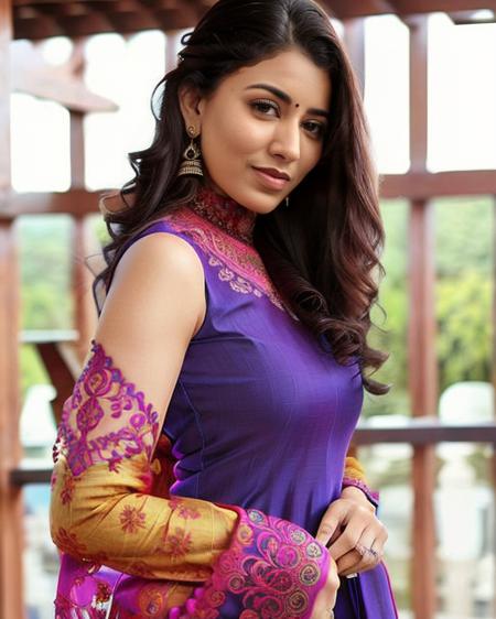 ultra-realistic hires photo of a (anku woman), looking looking at viewer, colorful high neck Salwar Kameez with intricate details,  fashion shoot, Medium shot camera angle  <lora:anku_Anju_Kurian_SD15_LoRA_Adafactor:1>