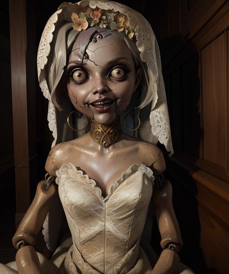 angie,black pupils,grey hair,short hair,doll joints,wide-eyed,doll,
wedding dress,bridal veil,cleavage,sleeveless,cracked skin, smile, 
sitting,on floor,upper body,
mansion,dim lighting,
(insanely detailed, beautiful detailed face, masterpiece, best quality),<lora:angie:0.9>,