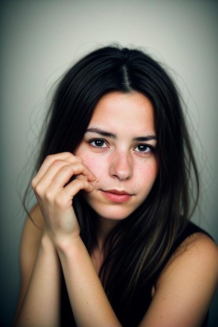 The image portrays a young woman with long, dark hair holding a vintage camera close to her face, partially obscuring one of her eyes. She gazes directly into the lens with an intense, thoughtful expression. The photograph has a distinct cinematic and nostalgic aesthetic, with soft lighting, a grainy texture, and subtle color grading that gives it a vintage, film-like quality.
Subject and Composition
The subject's face is positioned slightly off-center, drawing immediate attention to her sharp and expressive features. Her dark, well-defined eyebrows frame her deep-set eyes, which are slightly shadowed, adding to the introspective mood of the image. Her lips, which are slightly parted and tinted a natural red, contrast subtly with her smooth, pale skin. Strands of hair fall loosely across her face, reinforcing the unposed, organic nature of the portrait.
The camera she holds is an older model, silver and black with a rounded lens, possibly a vintage point-and-shoot film camera. Its reflective surface catches some light, making it a noticeable focal point. Her fingers gently rest on the camera's body, showcasing her relaxed grip, suggesting familiarity and comfort with the device. The camera partially obscures her left eye, creating an artistic and symbolic interplay between the act of capturing an image and being observed.