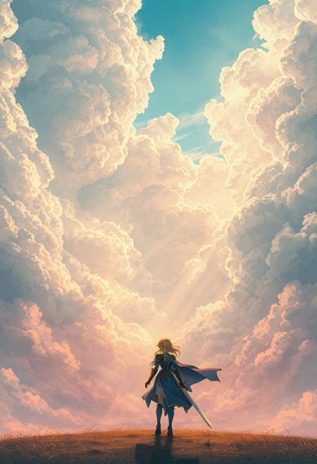 ""Vertical 9:16 anime-style sky in ultra-detailed 4K resolution. A vast, painterly sky stretches endlessly, filled with massive, textured clouds in complex folds, subtle contours, and soft ridges. Gaps between the clouds reveal patches of baby-blue sky and warm sunlight beams filtering downward. Below, the scene shifts to a mystical landscape where Saber from Fate/stay night stands in the center. She is in her iconic armor, with Excalibur in hand, the sword glowing faintly in the soft light. Her blue cape flows in the wind as she gazes into the horizon, ready for battle. The atmosphere is dreamy and emotional, with pastel colors of blue, pink, and golden light blending together. The background is ethereal and magical, filled with soft edge lighting, layered depth, and a subtle ambient haze, creating a nostalgic, cinematic mood."