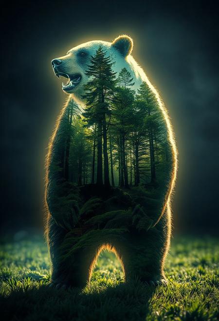A double exposure image featuring a glowing silhouette of a standing growling bear with ethereal illumination. The scene blends a lush green forest within the bear, creating a stunning, otherworldly energy. Natural dramatic lighting, 3D render, conceptual art.