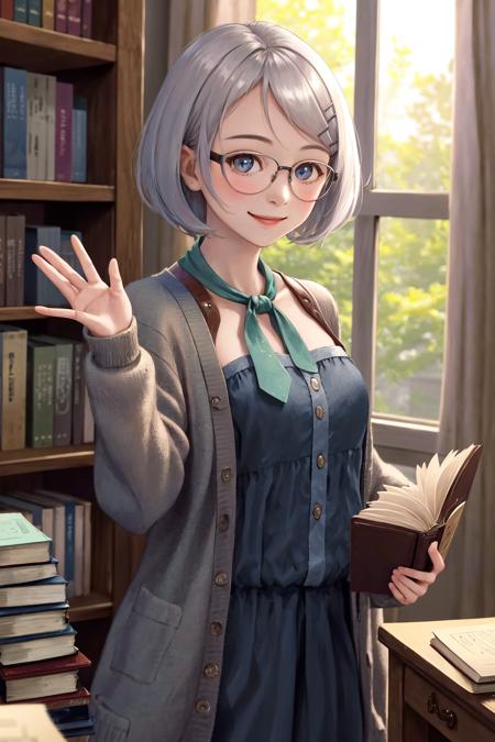 masterpiece, best quality, highres, 1girl glasses hairclip, blue dress neckerchief long sleeves open cardigan <lora:kyouko_okitegami:1> holding book, too many books, smile, waving