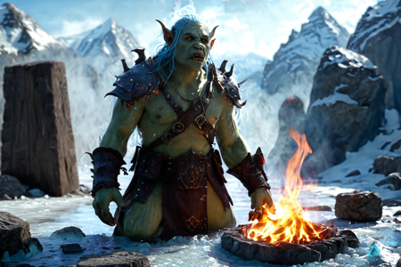 bioluminescent, an orc child with green skin, wearing a simple tunic, playing with a wooden toy, solo, from the Blazewind Clan, with fiery cloaks and wind-like markings, an orc war forge with multiple anvils, molten metal, weapon piles, detailed background, applying war paint, using a brush, angry, clenched jaw, environment focus, wide shot, an orc funeral with orcs mourning, pyre burning, bones placed on a stone, a heavy warhammer with a spiked head, nearby, on an icy slope, slippery surface, sunny, bright sunlight, clear skies, warm glow, early afternoon, bright sunlight, warm breeze, long shadows, best quality, vibrant colors, photorealistic style, high detail, high-definition, hyper-realistic, extremely high-resolution details, fine texture, incredibly lifelike, realistic, not cartoon, not drawing, highres, 4K resolution, source photo, realistic photo, masterpiece, best quality, amazing quality, very aesthetic, ultra-detailed, detailed textures, natural lighting, soft lighting, icy blue tones, cool blues and whites, misty light, diffused soft glow, wide shot, <lora:Mystic_Lumina_r1-000007:0.9>