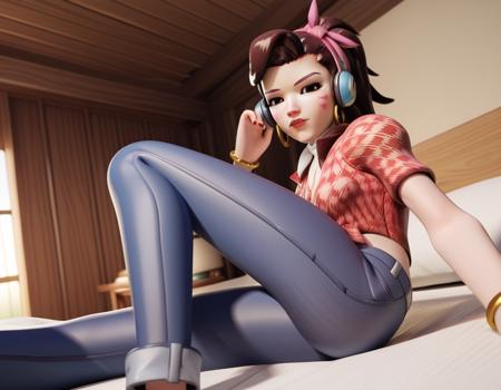 <lora:dva-cruiser-ingame-ponyxl-lora-nochekaiser:1>, dva, d.va \(overwatch\), long hair, brown hair, brown eyes, ponytail, hairband, red lips, head scarf, pink ribbon, 3d, shirt, jewelry, short sleeves, earrings, midriff, collared shirt, pants, nail polish, bracelet, plaid, headphones, denim, red shirt, front-tie top, jeans, blue pants, bangle, plaid shirt, tight pants,