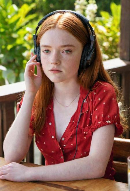 Pov, beautiful 20 years old girl,Sadie Sink, cute, (horny), sleep at the table,  head on the table, red shirt, cleavage, navel, headphone, seductive eyes, summer, (sunny:2.8), at the restaurant, hyper detailed photography, soft light, cover, high resolution, (full body:1.7)