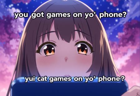 A female up close, long hair, speaking, anime, "you got games on yo' phone?" In gamepixel text on top of screen, beautiful background, brown eyes, looking up at viewer