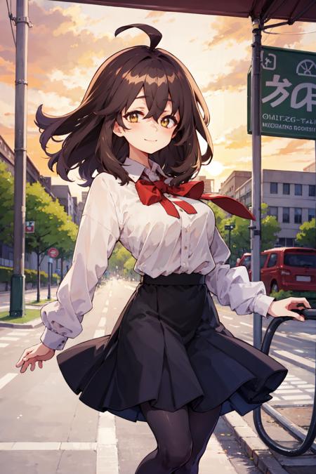 Masterpiece, best quality, perfect lighting, 1girl, solo, rimukoro style, dark brown hair, medium hair, puffy hair, messy hair, fluffy hair, amber eyes, ahoge, medium breasts, shirt, skirt, leggings, slight smile, mature female, sunset, street scene, (close up:1.3), <lyco:Rimukoro-10:0.8>