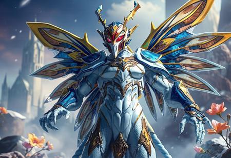 "Explore the dynamic and intricate details of a Frost Monarch, Mobius, standing ready for action amidst a stunning Fallen Paradise backdrop. Adorned with vibrant blue and gold accents against a predominantly white body, the Monarch's red visor adds a striking contrast. The lifelike details and vivid emotions are enhanced with sharp lines, harmonious colors, and a captivating dynamic pose. This stunning matte painting boasts impeccable composition, a well-timed moment, and intentional focus. Found trending on ArtstationHQ, CGSociety, and Behance, this highly detailed 8K masterpiece is a testament to the artist's skill with Octane Render, Unreal Engine 5, and Raphael Style techniques."