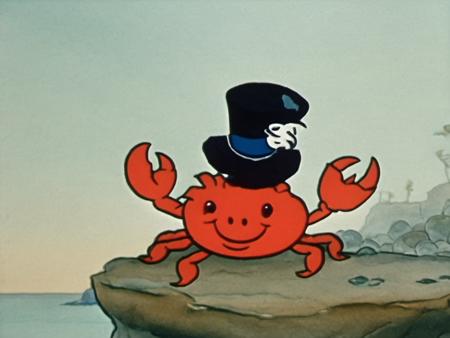 A crab smiling, wearing a top hat, coastal rocks background, Rune Andreasson style <lora:Rune_Andreasson_Style:1>