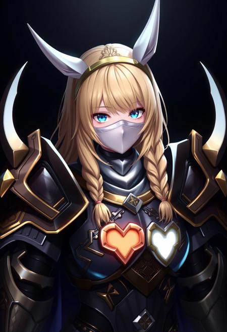 masterpiece, best quality, amazing quality, (realistic:1.3),
1girl, blonde hair, crown braid, (horns:1.4),
armor, pauldrons, (gauntlets:1.1), gold trim,
glowing heart,
faceless mask, white mask,
(looking at viewer:1.2), blue eyes, expressionless,
WCG-Illu,
dark background, sidelighting, atmospheric perspective, dim lighting, underlighting
<lora:Knight_Armor_for_Pony_V2:0.85>
<lora:Exp._Warframe_CGI_Illu_Edition:0.35>
<lora:Dark (Illustrious) v1:1>