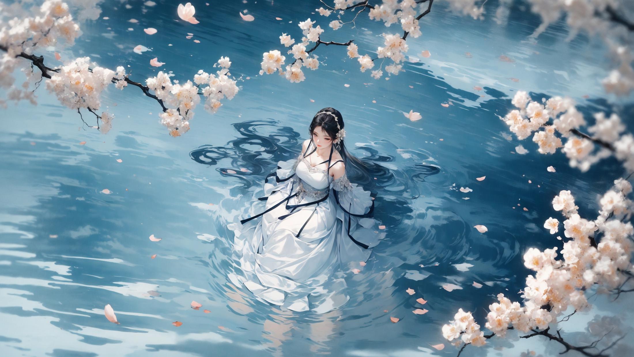 A young woman in a white dress floating in a lake.