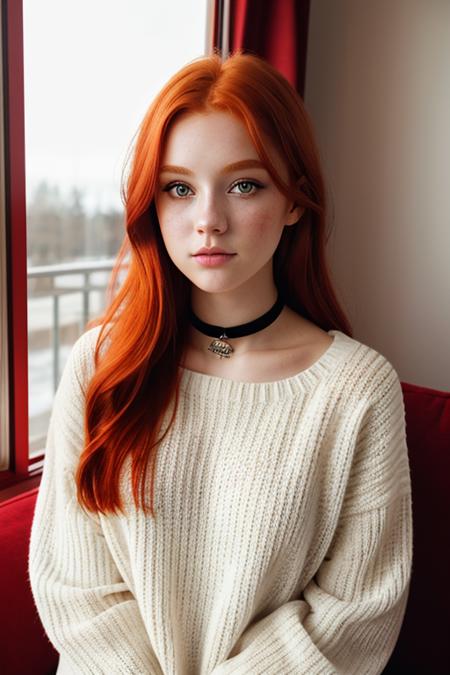 raw photo, (18yo redhead girl:1.2), makeup, graphic eyeliner, (choker:0.9), realistic skin texture, oversize knit sweater, (red:0.8), softcore, warm lighting, cosy atmosphere
