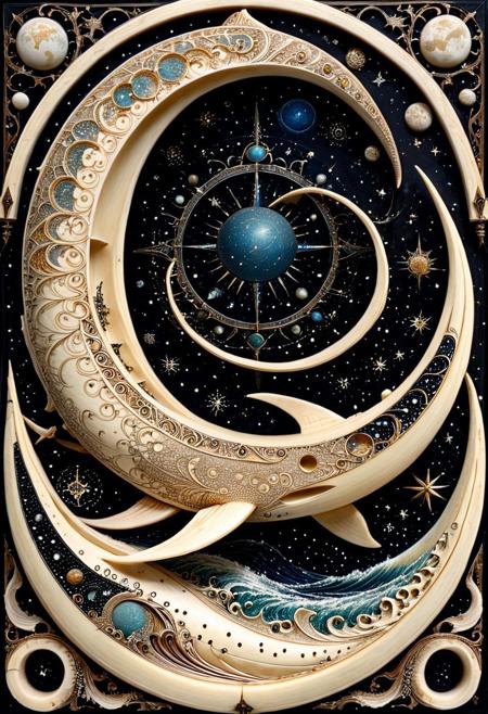 Hyper-detailed black and white scrimshaw engraving of an ancient cosmic leviathan spiraling through a starless void. Its body is etched with constellations, sacred geometry, and mythological sea symbols. Waves and clouds are stylized with intricate hatching and cross-hatching, in a traditional nautical scrimshaw style on aged ivory bone. Bold contrast, deeply textured, 8K resolution, master engraver-level detailing, monochrome, surreal fantasy, celestial etching aesthetic.