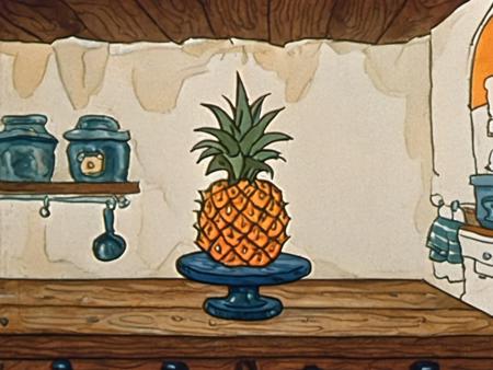 A pineapple on a wooden table, decorated kitchen background, Rune Andreasson style <lora:Rune_Andreasson_Style:1>