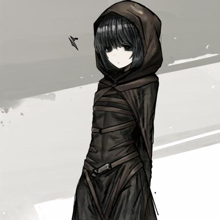 miranda, (multiple belts:1.3), brown belts on outfit, standing, full body, expressionless, back, smile, black hair, black eyes, black dress, black gloves, (brown:1.2) hooded cloak <lora:miranda:0.9>, nice hands <lora:blackSouls_5:0.7>