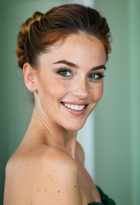 beautiful lady, (freckles), big smile, Green eyes, Salon styled updo hair, dark makeup, full pouty lips, large eyes, hyperdetailed photography, soft light, head and shoulders portrait, cover