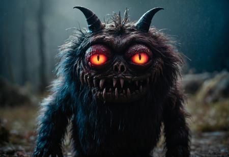 Horror-themed cinematic film still 3 d model of adorable evil scary fur monster with glowing eyes by alexander jansson : 1 | centered, rainbow colored fur, matte background : 0. 9 | by jim henson : 0. 7 | dave melvin : 0. 4 | unreal engine, deviantart, artstation, octane, finalrender, concept art, hd, 8 k resolution : 0. 8 high budget, bokeh, cinemascope, moody, epic, gorgeous, film grain, grainy . Eerie, unsettling, dark, spooky, suspenseful, grim, highly detailed