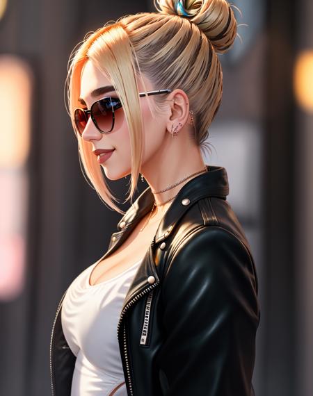 4K, Masterpiece, highres, absurdres,natural volumetric lighting and best shadows, deep depth of field, sharp focus, smiling,soft delicate beautiful attractive face, 
Nadia with sunglasses and a choker,leather jacket, breasts, smile, bicolor hair,  two-tone hair, makeup,  lipstick, with a edgLevitating_hairstyle,multicolor hair,top knot,
, cowboy shot, walking in the street, side view
 <lora:edgLevitating:1> <lora:Nadia:0.35>