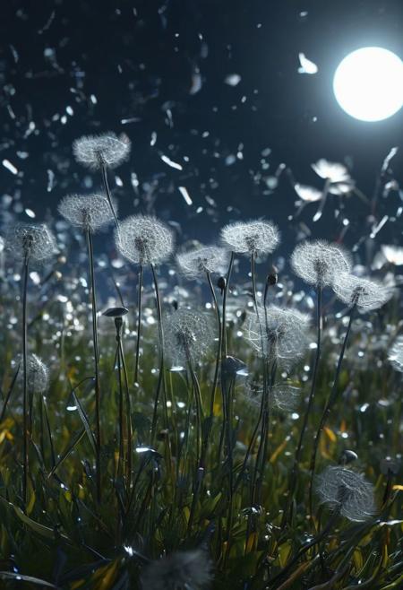 Moonlight night, ultra hd, realistic, vivid colors, highly detailed, UHD drawing, pen and ink, perfect composition, beautiful detailed intricate insanely detailed octane render trending on artstation, 8k artistic photography, photorealistic concept art, soft natural volumetric cinematic perfect light, dandelion field, dandelions flowing in the air, white glowing effects