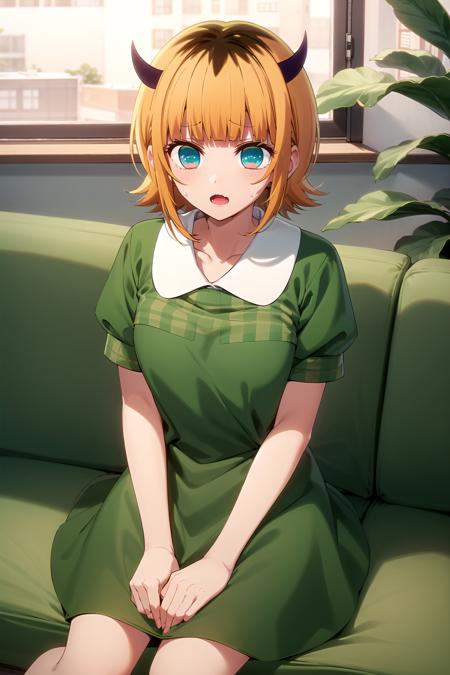 best quality, masterpiece, detailed,
<lora:OshiNoKo_MEMcho:0.8>, memcho,
open mouth, @_@, sweatdrop,
short hair, blonde hair, multicolored hair, aqua eyes, blunt bangs, horns,
(green dress:1.4), short sleeves, checkered,
sitting, on couch, looking at the viewer,
indoors, plant