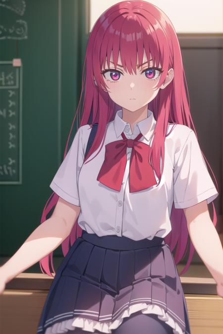 sakisaki, <lora:saki saki s2-lora-nochekaiser:1>,
saki saki, long hair, bangs, (red eyes:1.3), red hair,
BREAK skirt, shirt, bow, school uniform, white shirt, short sleeves, pleated skirt, bowtie, blue skirt, 
BREAK indoors, classroom,
BREAK looking at viewer, (cowboy shot:1.5),
BREAK <lyco:GoodHands-beta2:1>, (masterpiece:1.2), best quality, high resolution, unity 8k wallpaper, (illustration:0.8), (beautiful detailed eyes:1.6), extremely detailed face, perfect lighting, extremely detailed CG, (perfect hands, perfect anatomy),