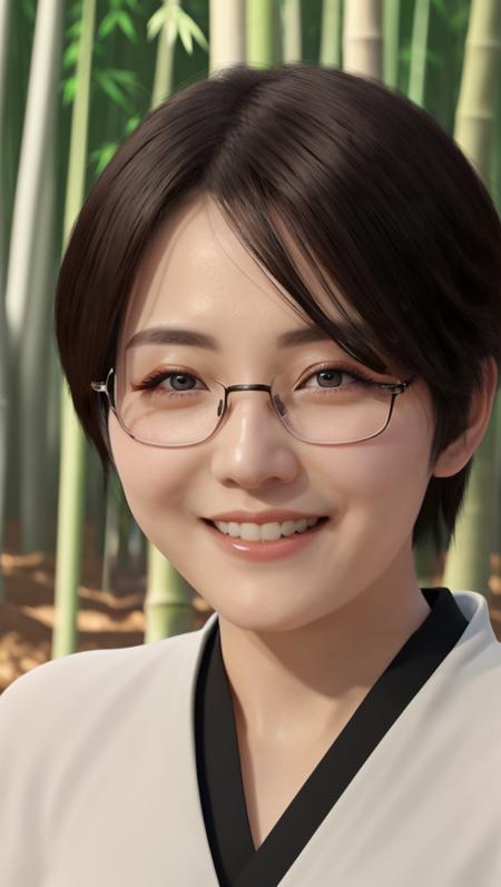 ikunak2023, 8k, uhd, best quality, masterpiece, cinematic lighting, 1girl, glasses, smile, skin pores, detailed face, detailed eyes, photorealistic, wearing red samurai armor, bamboo forest, action shot