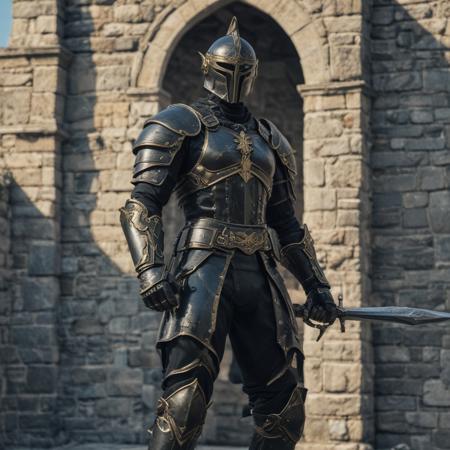 a close up of a warrior on a castle, black armored uniform,  he has an elongated head shape, kneehigh boots, circa 1 9 8 4, unused design, middle shot waist up, golden key, face shown, 2 8 mm color, front facing view, frontal shot, highly detailed, extremely beautiful, intricate, cinematic lighting, rich colors, ray tracing, hyperrealistic, photorealistic, cinematic landscape, trending on artstation, concept art,