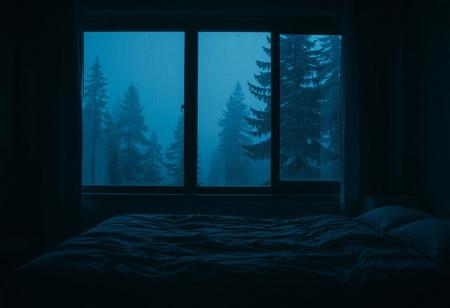 A dark moody bedroom at night, with a bed in the foreground and large windows showing a misty pine forest outside. It’s raining softly, raindrops on the glass. The room is dimly lit with blue tones, giving a melancholic and calming atmosphere. Curtains slightly open, cold ambient lighting, peaceful and cinematic, atmospheric composition. realistic, cinematic, photoreal, dark ambient, low light