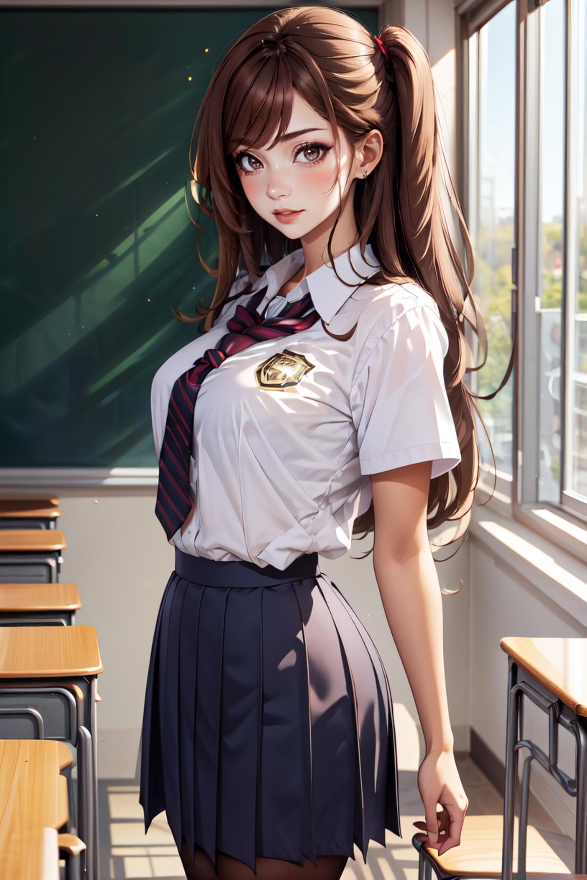 Anime girl in white shirt and black tie standing in front of a window.