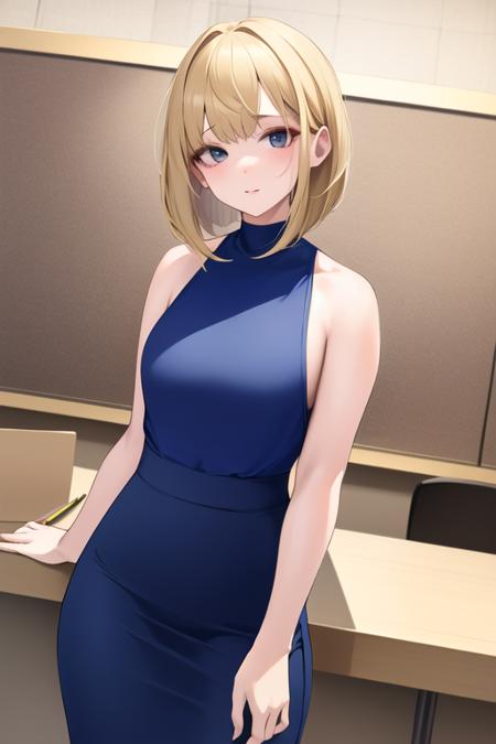 masterpiece, best quality, 1girl, bob cut, blonde hair, office lady, pencil skirt, sleeveless, looking at viewer, <lora:leviathan:1>