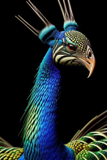Create a photorealistic close up image of a peacock, feathers, vibrant colors and dark background, highly detailed, aesthetic, great lighting, extremely detailed,  award winning, perfect composition, a rich and complex image of nature, a vibrant tissue of hues and textures captured digitally, best quality, realistic, captivating, intricately detailed, hyper detailed, maximalist style, photorealist, sharp focus, dynamic lighting, superb composition, finest details, highest aesthetics, best quality, sharp focus, high contrast, stylized, clear, colorful, ultra quality, 8k, best quality, masterpiece,midjourneyv6.1, close up,