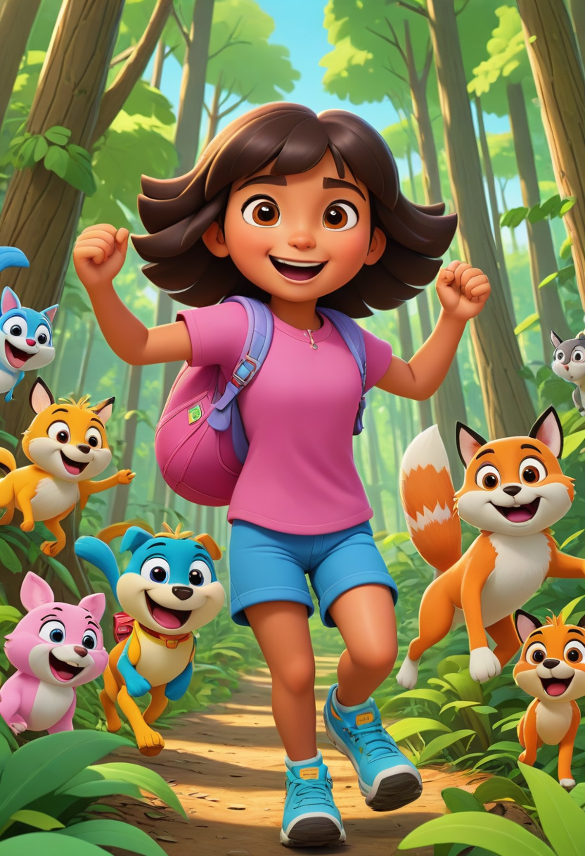 Dora the Explorer joyfully running through a vibrant forest, (cartoonish woodland:1.4), (bright and lively colors:1.3), (f...