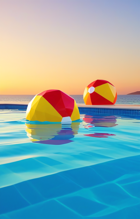 polygon style, low-poly, angular shape,
geometric  two beachballs floating in outdoor pool, low angle, sunset background, 
beachballs close up, 
clean polygon edges, symmetrical design, digital art,
deep orange, bright red, yellow 
<lora:Polygon_Lora_XL:1>