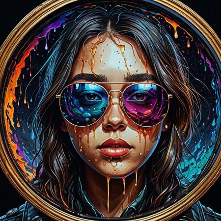 Finely detailed vector illustration. girl with aviator glasses, reflection,  ultra realistic quality,circle symbols, dark gradient background, oil painting, hyperdetailed, intricately detailed,  triadic colors,fantastical,intricate detail,splash screen,complementary colors, fantasy concept art, 8k resolution, masterpiece,oil painting,heavy strokes,paint dripping.