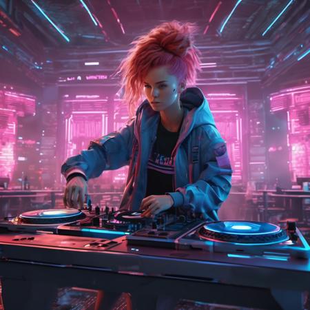 <lora:olivia_vinten_xl_lora:1> olivia vinten womanmasterpiece, concept art, highly detailed, (pink and blue color pallete), mid shot, centered, dynamic angle, 1girl, cyberpunk theme, stylish, stylish hair, red hair, DJ, DJ controller, Music Concert, Cafe background, Volumetric lighting, depth of field, focused shot, (epic composition, epic proportion), Award winning, HD