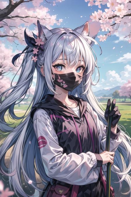 1girl,Rainbow colored long hair,one side up,Heterochromatic pupil,Smaller body,Masks,the grand cherry blossom forest,petite,