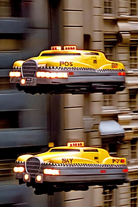 a yellow taxi cab flying through the air over a city , no humans, window, traditional media, ground vehicle, building, scenery, motor vehicle, science fiction, city, motion blur, realistic, car, vehicle focus, lights ,from The 5th Elemenent movie