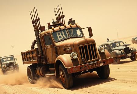 Mad Max dusty hurt serious driving a rusty tranker truck  with spikes and old weapons with the letters "BUZZ" on the side of the truck being chased by several post-apocalyptic cars with guns and people shouting "give me BUZZ"