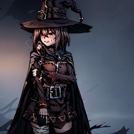 <lora:Megumin:0.71> megumin, standing, hat, witch hat, brown hair, short hair, eyes over hat, blush, black choker, red dress, (brown cape:1.1), long sleeves, black gloves, fingerless gloves, belt, brown belt, gold trim,asymmetrical legwear, mismatched legwear, bandaged leg, cowboy shot, darkest dungeon <lora:NecroSketcherAlpha:0.81>