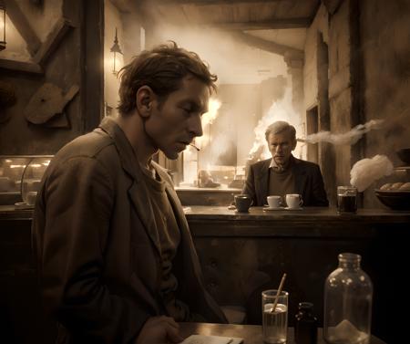 a smoking man in cafe, sepia, by_andrei_tarkovsky, <lora:Andrei_Tarkovsky_Style-20 (1):1.125>