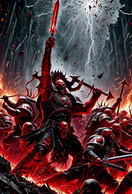 A brutal Warhammer 40K battlefield scene showing the Blood Legion of Khorne, Chaos Space Marines drawn from the World Eaters Traitor Legion, locked in fierce combat with Black Templars loyalist Space Marines. Blood Legion warriors wear jagged, blood-red power armor with brass trim, chainaxes raised mid-swing, roaring in fury. Black Templars in black ceramite armor with white crosses on their pauldrons defend with power swords and storm shields, standing resolute against the assault. The scene is filled with flying sparks, gunfire, torn banners, and broken relics. Flaming wreckage and a shattered Imperial shrine frame the carnage. Blood and smoke fill the air as both sides clash in a brutal melee. Cinematic lighting, hyperdetailed, realistic textures, ultra-violent, concept art, 8K resolution, grimdark mood, “Blood for the Blood God!”