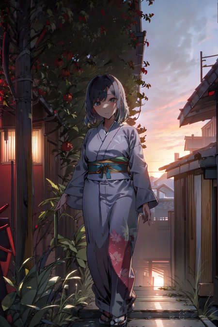 akane, kimono, walking down stairs, looking at user, sunset, japanese houses