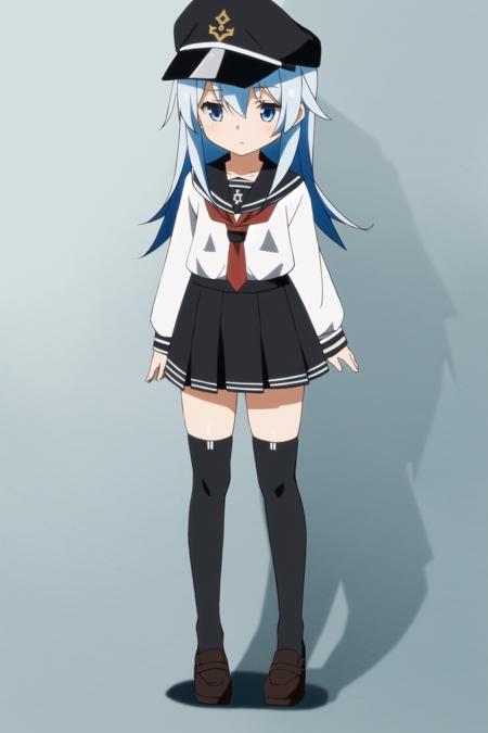 1girl, hibiki, white shirt, pleated skirt, (black thighhighs:1.4), fleet cap, blue hair, medium hair, blue eyes, (little girl:1.3), (small height:1.3), (at full size), (skinny:1.3)